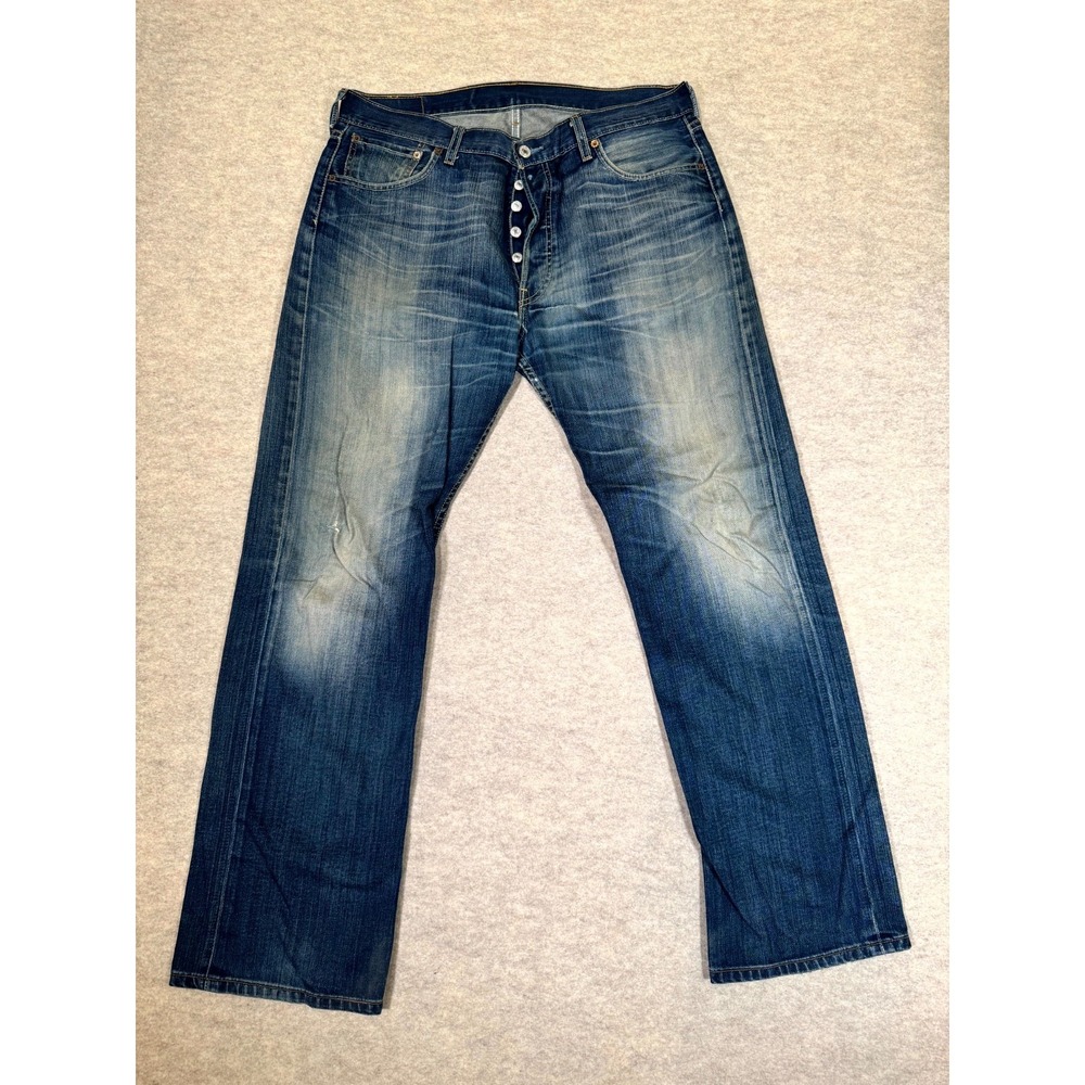 Levis 501 Original Jeans Men 36x32 Blue Whiskering Denim Straight Leg Distressed